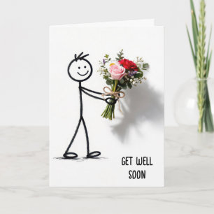 Get Well Soon Stickman With Rose Bouquet Card