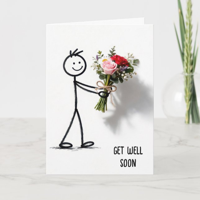 Get Well Soon Stickman With Rose Bouquet Card (Front)