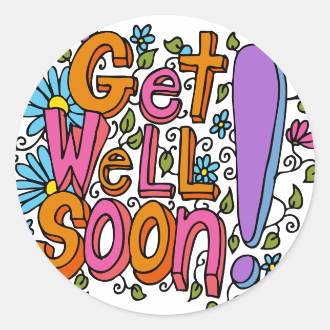 Get Well Soon Text Cartoon Classic Round Sticker (Front)
