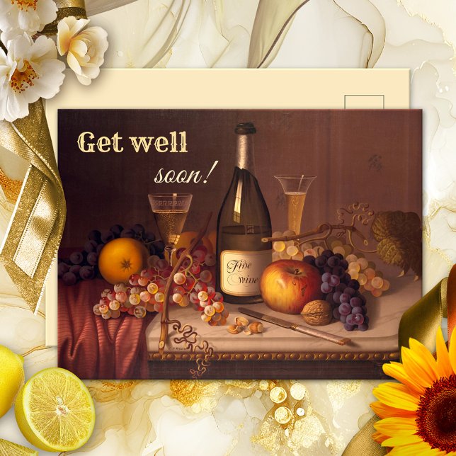 Get Well Soon Vintage Wine Painting Postcard (Get well soon vintage postcard featuring a still life painting with wine and fruits)