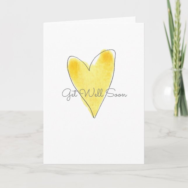 Get Well Soon Yellow Watercolor Heart Love Card (Front)