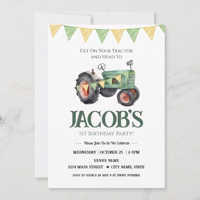 Get Your Tractor 1st Birthday  Invitation (Front)
