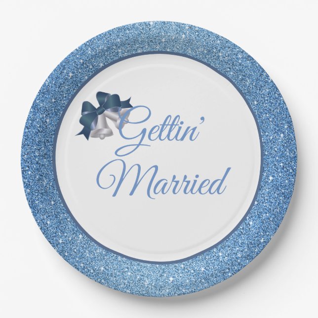 Gettin' Married Blue Glitter 9" Paper Plates (Front)
