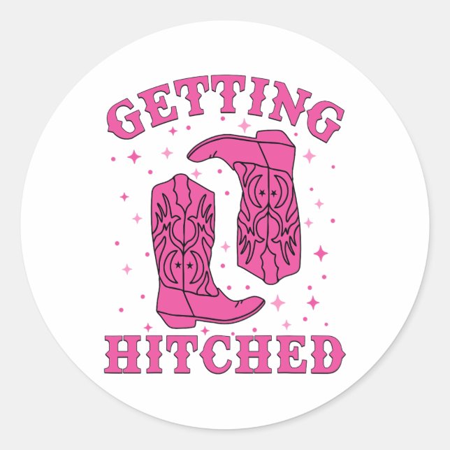 Getting Hitched Bride Groom Western Wedding Bachel Classic Round Sticker (Front)