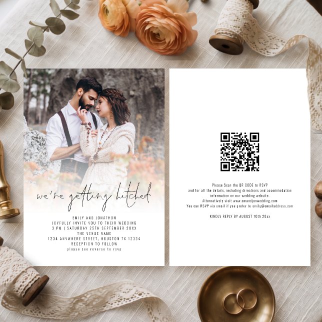 Getting Hitched QR Code Photo Overlay Wedding Invitation (Creator Uploaded)
