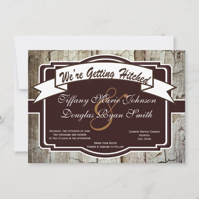 Getting Hitched Rustic Wood Wedding Invitations (Front)