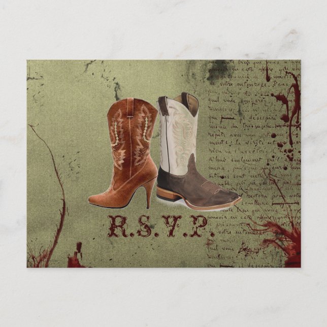 getting hitched western cowboy boots wedding invitation postcard (Front)