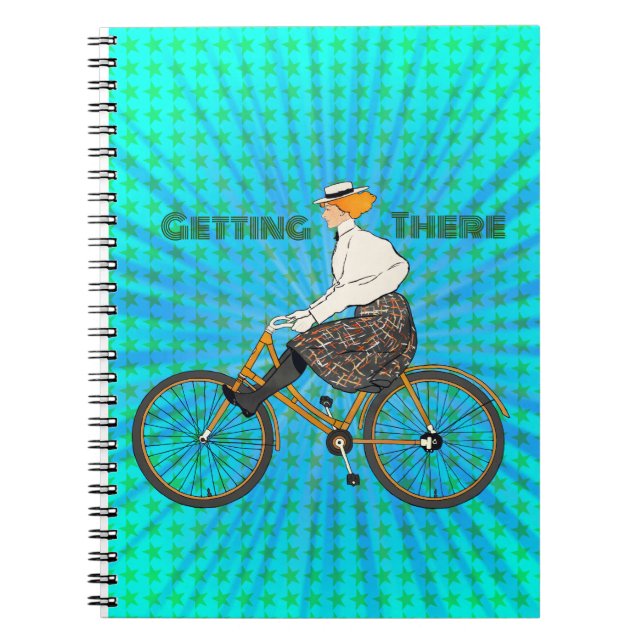 "Getting There" Vintage Woman Bicyclist  Notebook (Front)