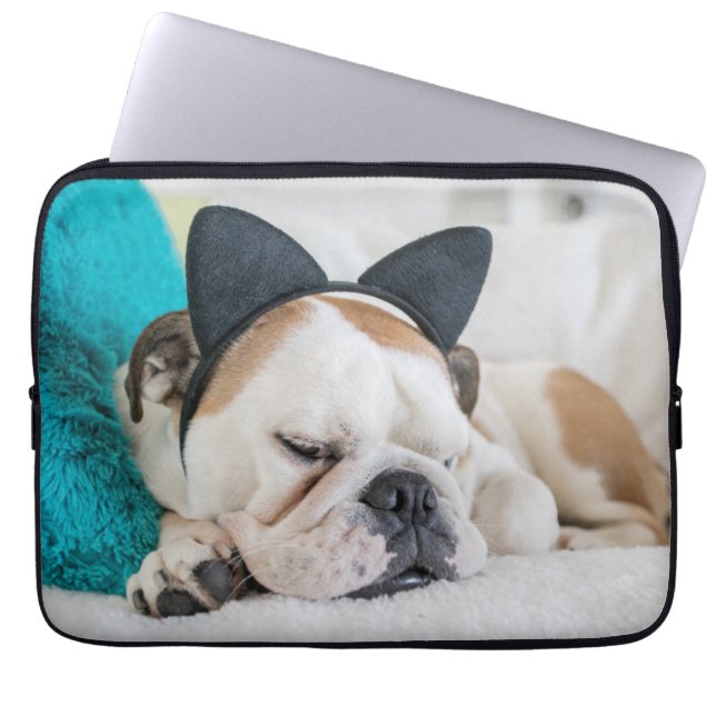 Getty Images | Sleepy Dog with Cat Headband Laptop Sleeve (Front)