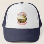 Gettysburg Pennsylvania Retro Distressed Circle Trucker Hat<br><div class="desc">Gettysburg retro vector travel design in an emblem style. It’s known for Gettysburg National Battlefield,  site of a turning point in the Civil War,  now part of Gettysburg National Military Park.</div>