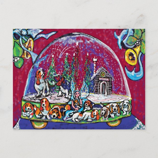 GGBR Holiday Postcard - SnowGlobe Bassets (Front)