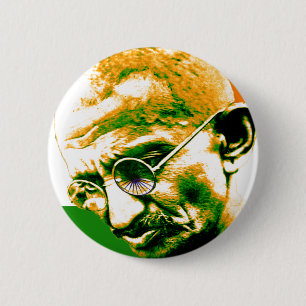 Ghandi in orange green and white with flag 6 cm round badge