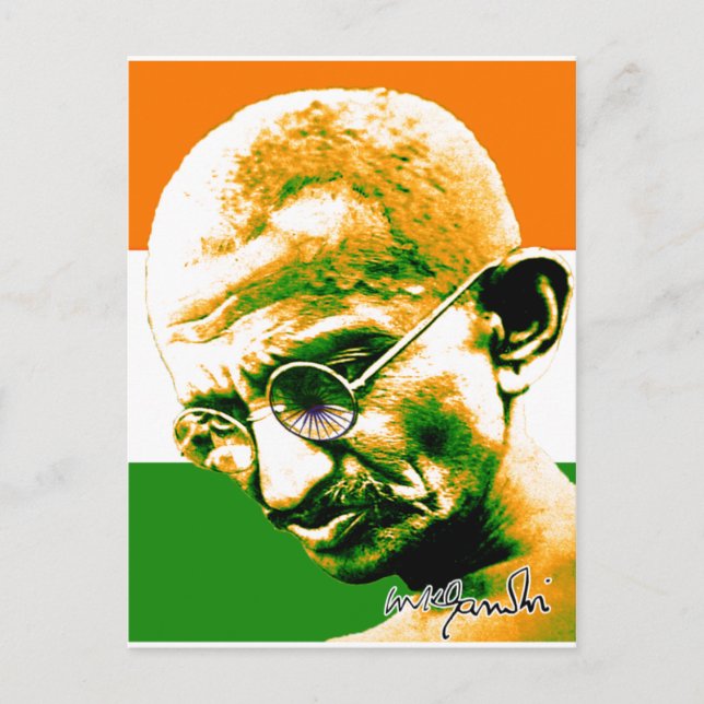 Ghandi in orange green and white with flag postcard (Front)