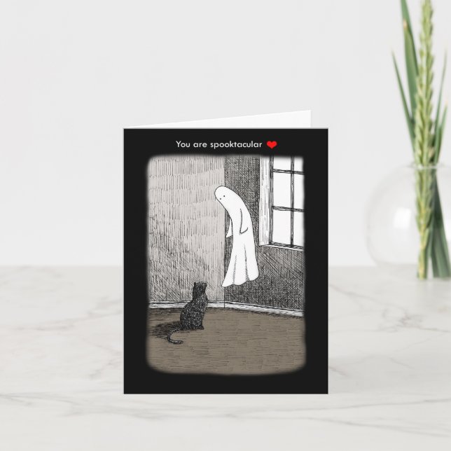 Ghost and Black cat creepy spooky Gothic art Love Card (Front)