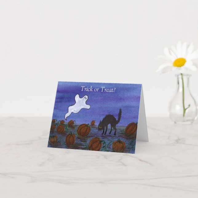 Ghost and Black Cat in the Pumpkin Patch Card (Small Plant)