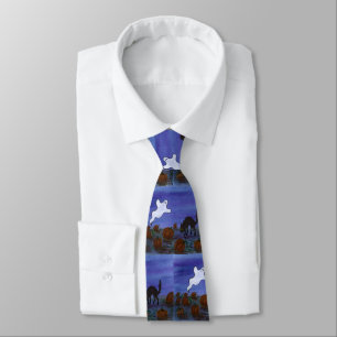 Ghost and Black Cat in the Pumpkin Patch Neck Tie