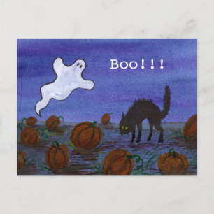 Ghost and Black Cat in the Pumpkin Patch Postcard