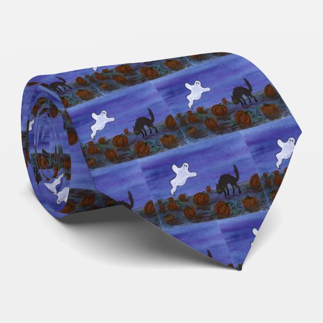Ghost and Black Cat Pumpkin Patch Neck Tie (Rolled)