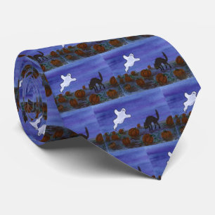 Ghost and Black Cat Pumpkin Patch Tie