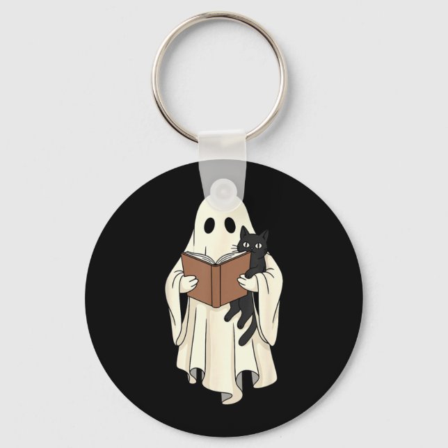 Ghost And Black Cat Reading Halloween Key Ring (Front)