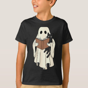 Ghost And Black Cat Reading Halloween T-Shirt