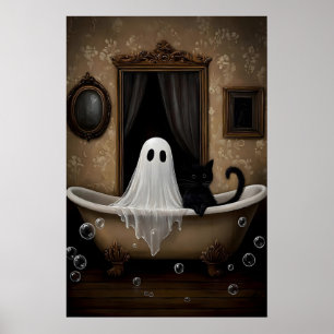 Ghost And Black Cat Takes A Bathtub Print, Dark Poster