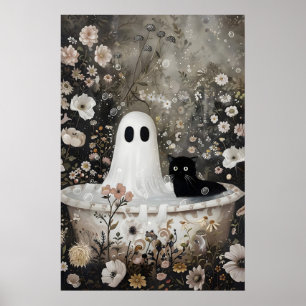 Ghost and black cat takes a bathtub print, dark poster