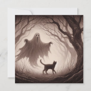 Ghost and Cat in Spooky Horror Forest Drawing Card