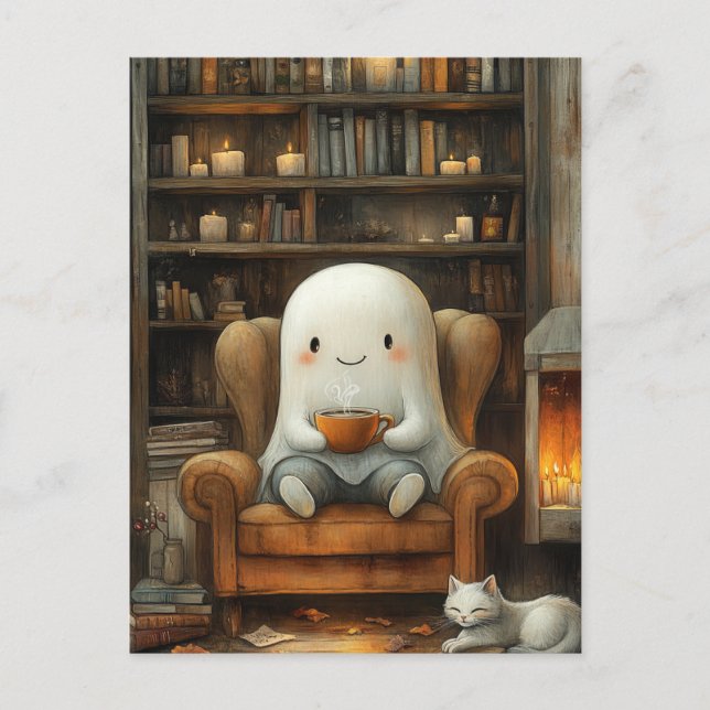 Ghost and Cat in the Library With a Coffee Postcard (Front)
