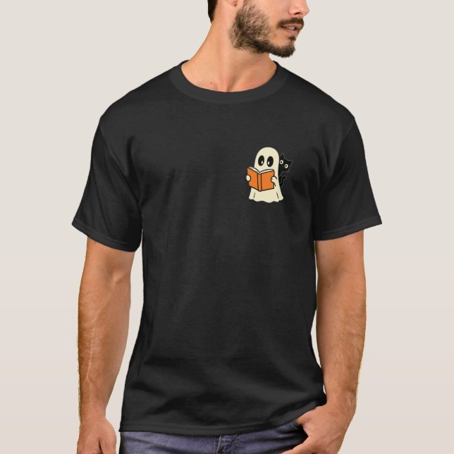 Ghost and Cat Reading Spooky Halloween Design T-Shirt (Front)
