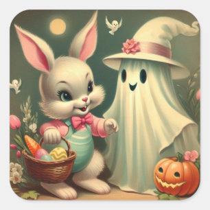Ghost and Easter Bunny Kitsch Vintage Painting Square Sticker
