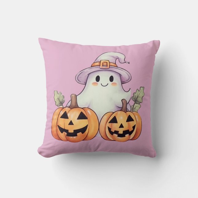 Ghost and Jack-O' Lanterns Purple Halloween Cushion (Front)