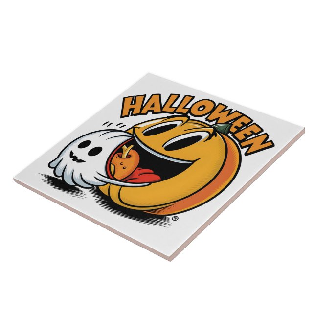 Ghost and pumpkin celebrate Halloween! Tile (Side)