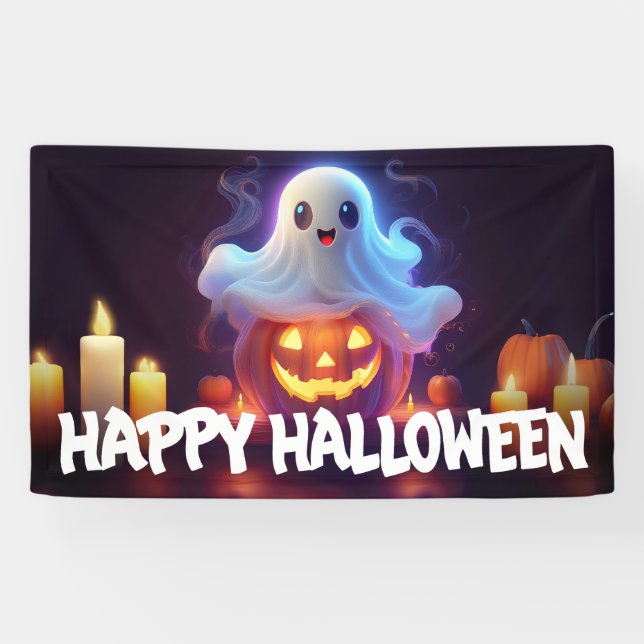 Ghost and Pumpkin Happy Halloween Banner (Horizontal)