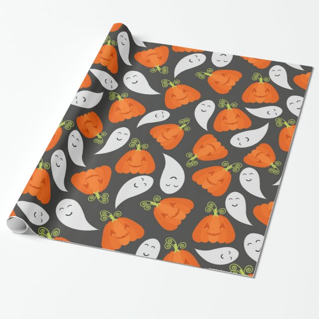 Ghost And Pumpkin Pattern Wrapping Paper (Unrolled)