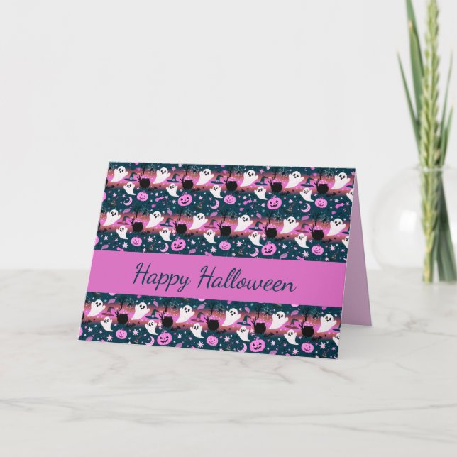 Ghost and Pumpkin Pink and Blue Pattern Card (Front)
