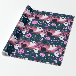 Ghost and Pumpkin Pink and Blue Pattern Wrapping Paper