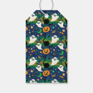 Ghost and Pumpkins, Blue with Green Pattern Gift Tags