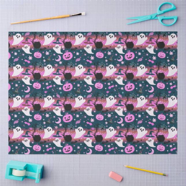 Ghost and Pumpkins, Pink and Blue Pattern Tissue Paper (Craft)