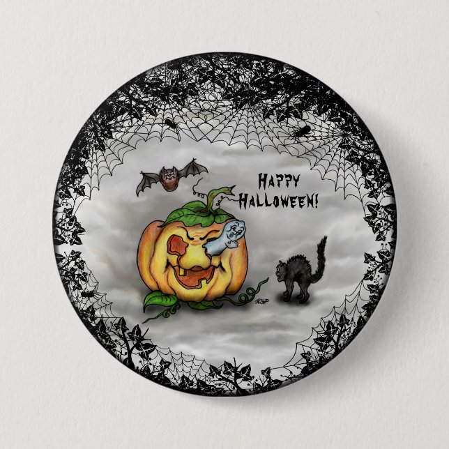 Ghost, Bat and Cat, Happy Halloween! 7.5 Cm Round Badge (Front)