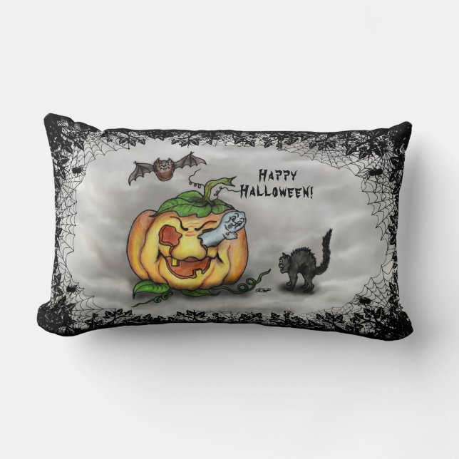 Ghost, Bat and Cat, Happy Halloween! Lumbar Cushion (Front)