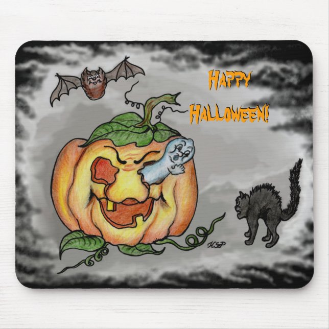 Ghost, Bat and Cat, Happy Halloween! Mouse Pad (Front)