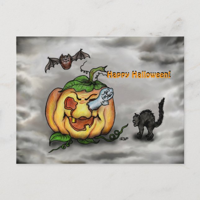 Ghost Bat and Cat , Happy Halloween ! Postcard (Front)