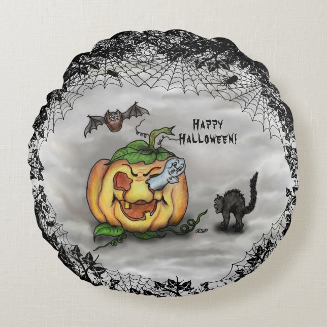 Ghost, Bat and Cat, Happy Halloween! Round Cushion (Front)