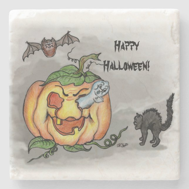 Ghost, Bat and Cat, Happy Halloween! Stone Coaster (Front)
