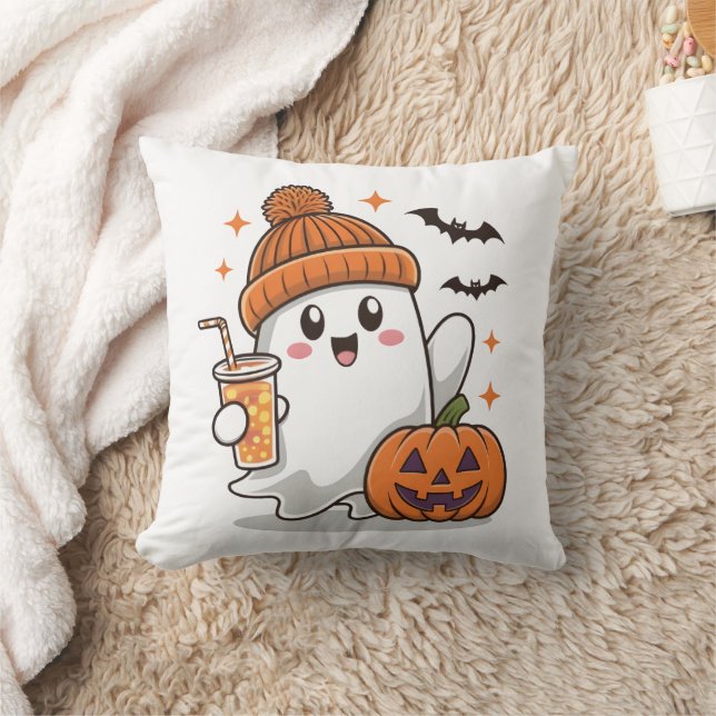 Ghost, Bats, Pumpkin And Drink, Cute Halloween Cushion (Blanket)