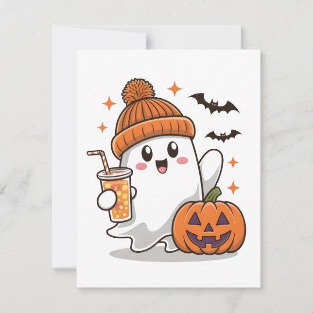 Ghost, Bats, Pumpkin And Drink, Cute Halloween Holiday Card (Front)