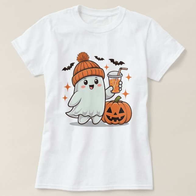 Ghost, Bats, Pumpkin And Drink, Cute Halloween T-Shirt (Design Front)
