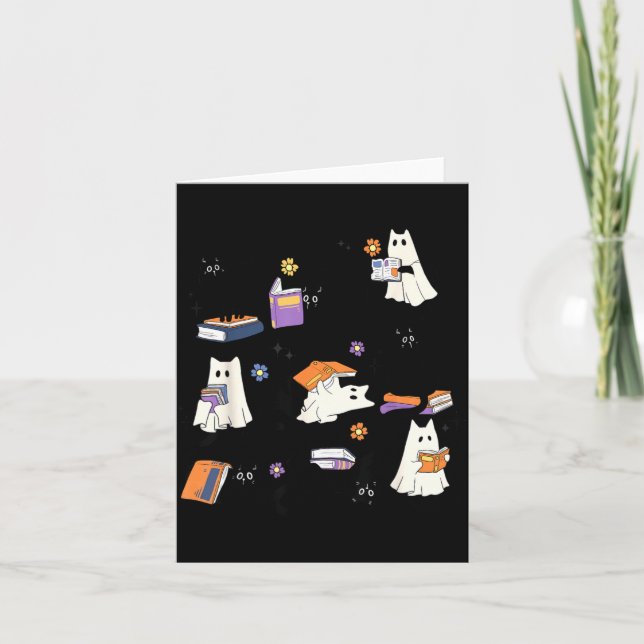 Ghost Black Cat Reading Book Halloween Costume Men Card (Front)