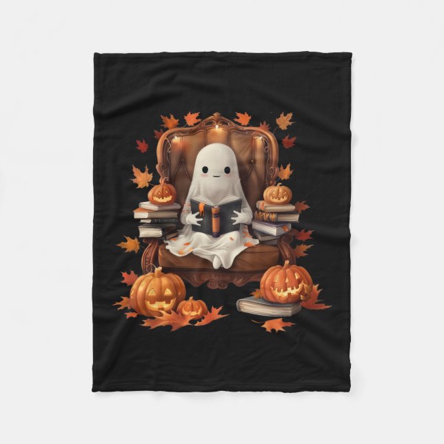 Ghost Book Reading Pumpkin Gothic Halloween Teache Fleece Blanket (Front)